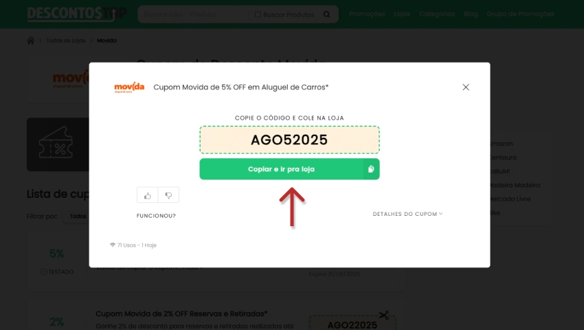 Imagem de cupom de desconto de 5% para aluguel de carros, promovendo economia e vantagens em locação de autos.