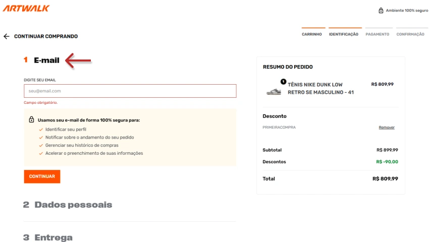 Etapa de identificação no processo de compra da Artwalk com campo para digitar o e-mail. A tela mostra uma mensagem de que o e-mail será usado para identificar o perfil e acompanhar o pedido.