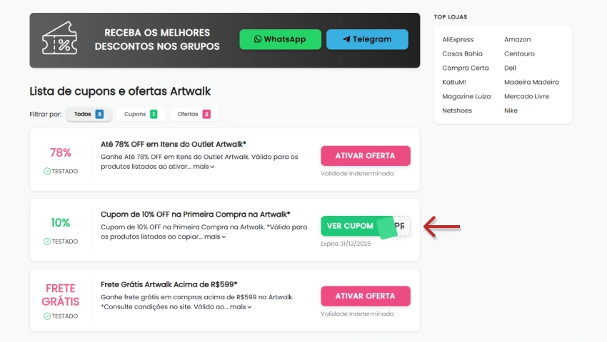Página de cupons exibindo diversas ofertas da Artwalk. Um dos destaques é o cupom de 10% OFF para primeira compra, com botão verde “Ver Cupom” e seta indicando para copiá-lo.