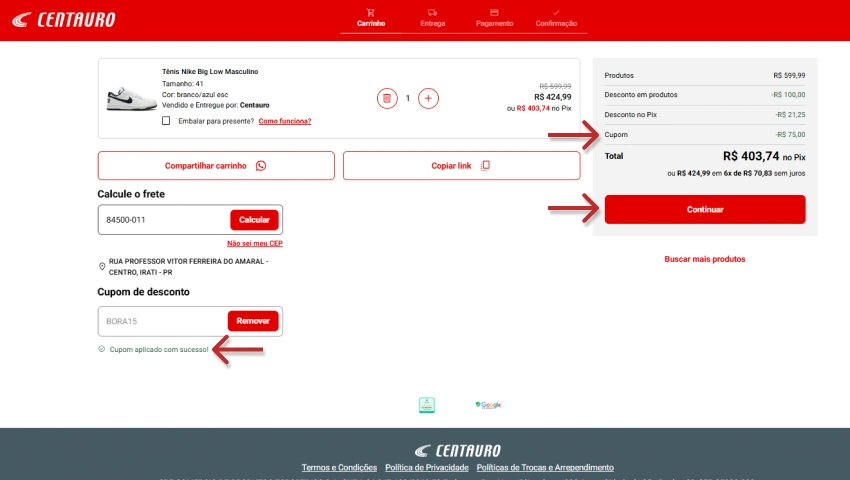 Carrinho de compras após aplicar o cupom Centauro com sucesso. O desconto é exibido no resumo do pedido e o valor total reduzido para R$ 403,74. Botão "Continuar" aparece em destaque.