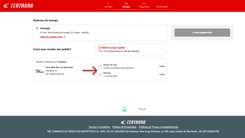 Página de escolha de entrega na Centauro. Endereço de entrega listado e opções de recebimento disponíveis, incluindo "Retire na loja" e "Normal – 7 a 8 dias úteis".