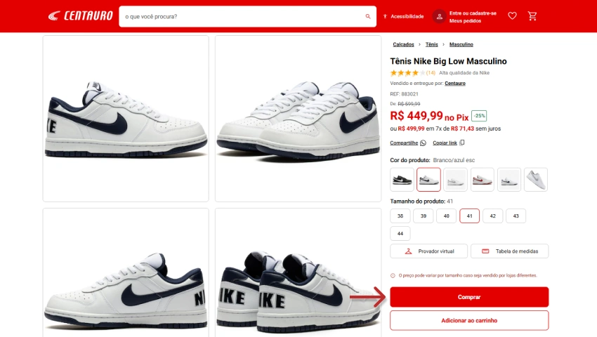 Página de produto na loja online Centauro exibindo o tênis Nike Big Low Masculino na cor branco com azul escuro. O preço aparece como R$ 449,99 no Pix com desconto. Botões para selecionar tamanho e opções de compra estão visíveis, com destaque para o botão vermelho "Comprar".