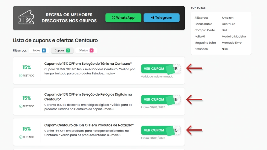 Lista de cupons de desconto da Centauro em um site agregador, mostrando três opções de 15% OFF para diferentes categorias de produtos. Ao lado de cada cupom, há um botão verde escrito "Ver cupom" e setas indicando os cupons disponíveis.
