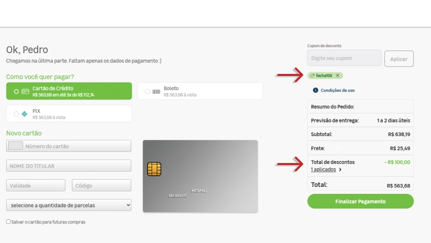Página de pagamento com o cupom aplicado, gerando um desconto de R$100 no pedido. Total da compra atualizado para R$563,68.