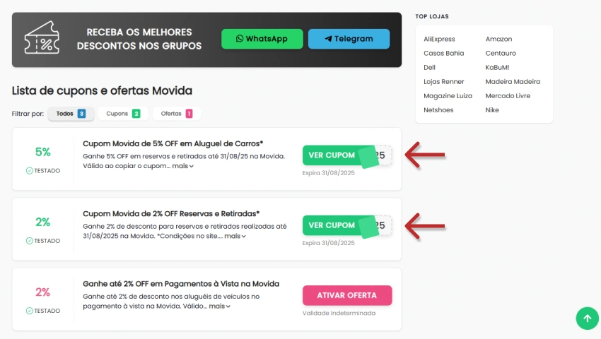 Imagem mostrando cupons de desconto para alugueis de carros na plataforma Movida, destacando ofertas como 5%OFF e 2%OFF para reservas e pagamentos, com botão verde para visualizar o cupom e outro rosa para ativar a oferta.