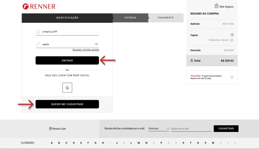 Tela de login da Renner com campos de e-mail e senha, botão 'Entrar' e opção 'Quero me cadastrar' destacados.