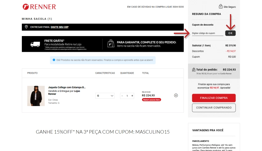 Página de carrinho da Renner com campo para inserir cupom de desconto e botão OK destacado na lateral direita.