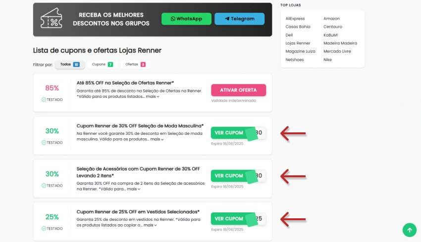 Lista de cupons de desconto para Lojas Renner em site de promoções, com botões verdes de 'Ver Cupom' destacados.
