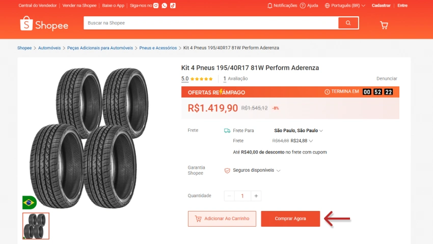 Página de produto Shopee exibindo kit com 4 pneus, preço promocional e botão “Comprar Agora” destacado por seta vermelha.