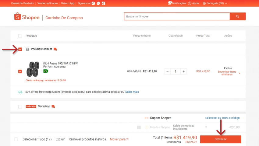 Carrinho de compras da Shopee com kit de pneus adicionado e botão “Continuar” destacado por seta vermelha.