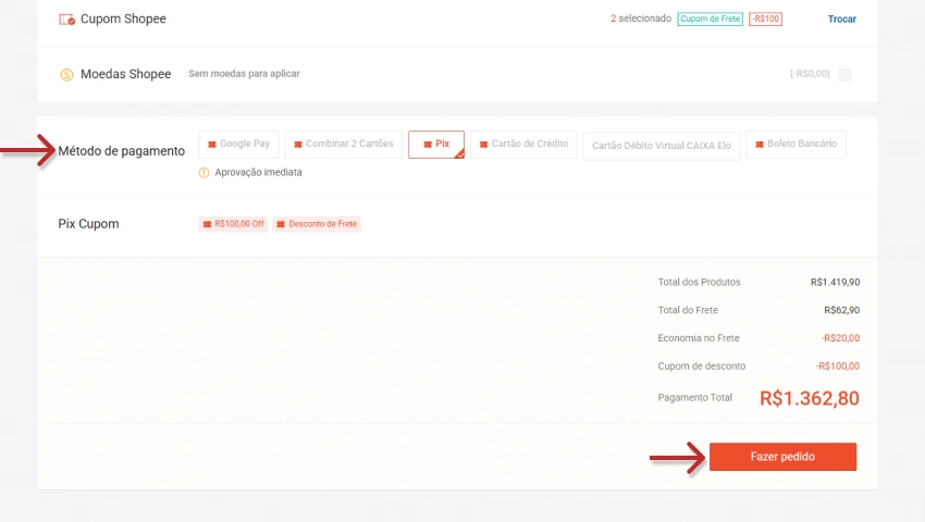 Tela de finalização de compra na Shopee com método de pagamento Pix selecionado e botão “Fazer pedido” destacado por seta vermelha.