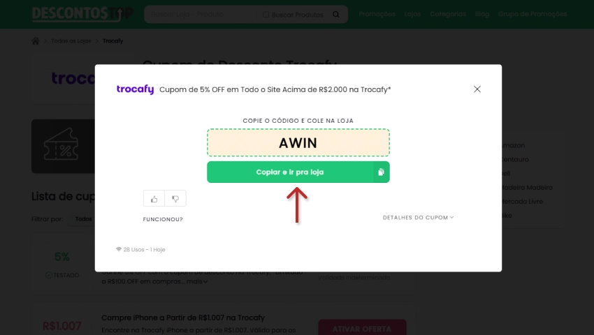 Tela do site Descontos Top com destaque para o cupom oferecendo 5% de desconto na Trocafy, com botão verde “Copiar e ir pra loja”.