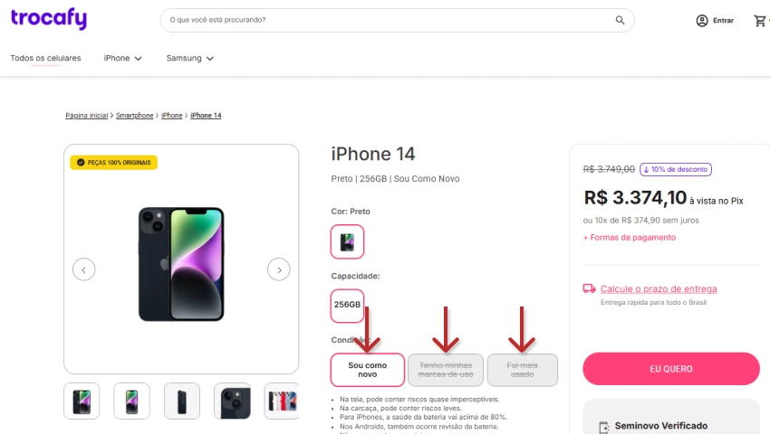 Página do produto iPhone 14 na Trocafy com seleção de cor preta, capacidade de 256GB e condição “Sou como novo” ativa, ao lado das opções “Tenho marcas de uso” e “Fui mais usado”.