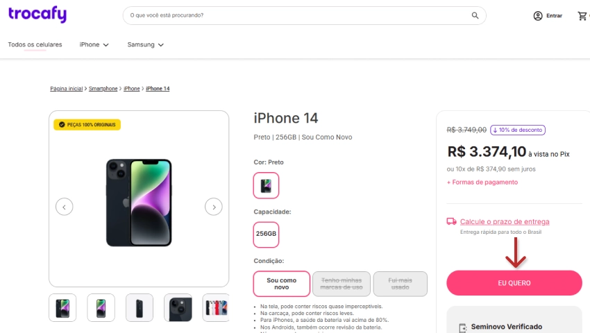 Página de produto da Trocafy destacando o botão “Eu quero” em rosa para adicionar o iPhone 14 de 256GB, cor preta e condição “Sou como novo” ao carrinho.
