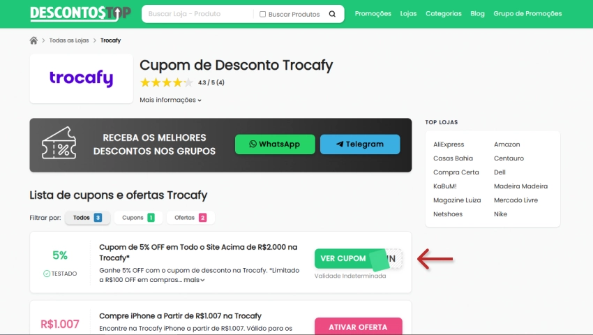 Página do site Descontos Top com lista de cupons Trocafy, mostrando o botão “Ver cupom” ao lado de uma oferta de 5% OFF em compras acima de R$ 2.000.