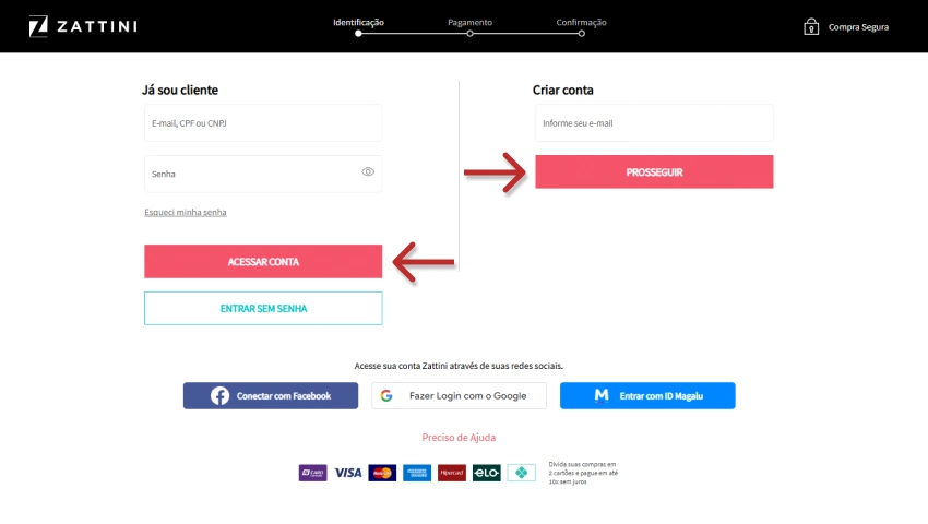 Formulário da Zattini mostrando opções para clientes acessarem a conta com e-mail, CPF ou CNPJ, senha, ou criarem uma nova conta informando apenas o e-mail. Botões em destaque: “Acessar conta” e “Prosseguir”.