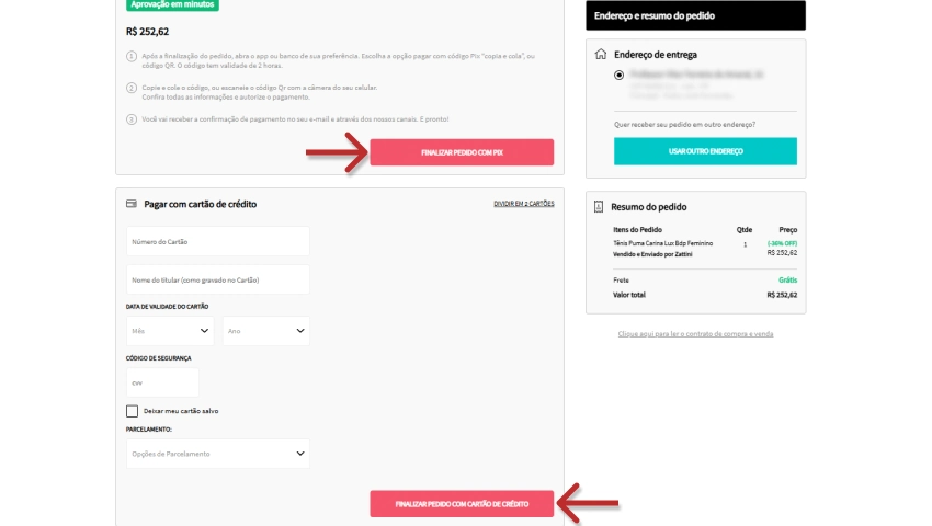Página de pagamento na Zattini com opções de finalizar o pedido com Pix ou cartão de crédito. Resumo do pedido exibido no canto direito com valor total e endereço de entrega.