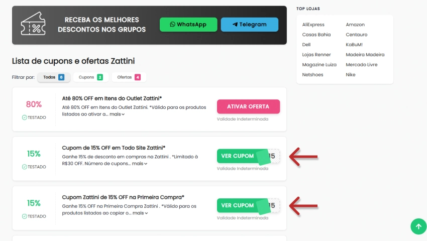 Página com cupons de desconto da Zattini, incluindo ofertas de até 80% OFF e códigos promocionais de 15% OFF no site e na primeira compra. Botões verdes “Ver cupom” destacados.