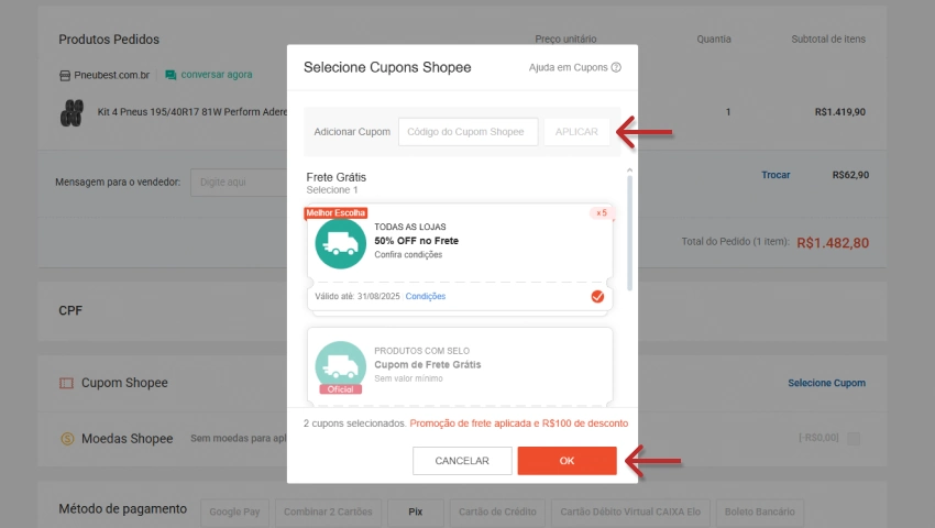 Janela pop-up de seleção de cupons na Shopee mostrando opções de frete grátis e campo para inserir código, com botão “OK” destacado por seta vermelha.
