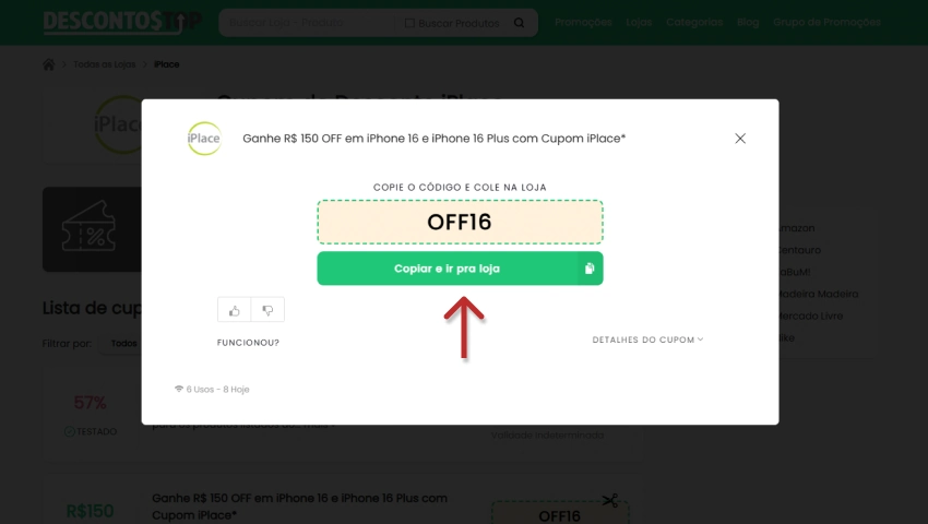 Imagem mostrando um cupom de desconto iPlace para desconto de R$ 150 na compra de iPhone 16 e iPhone 16 Plus.