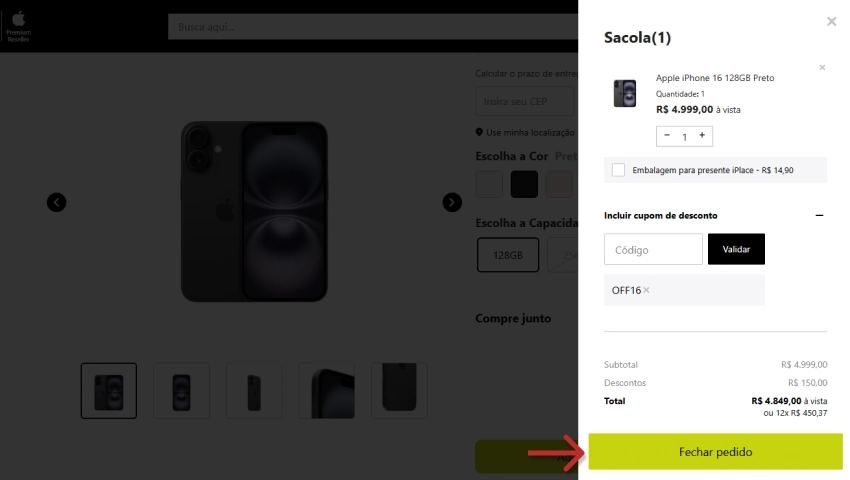 Imagem de um iPhone 16 Preto de 128GB em loja online, destaque para o botão de fechamento do pedido em amarelo.