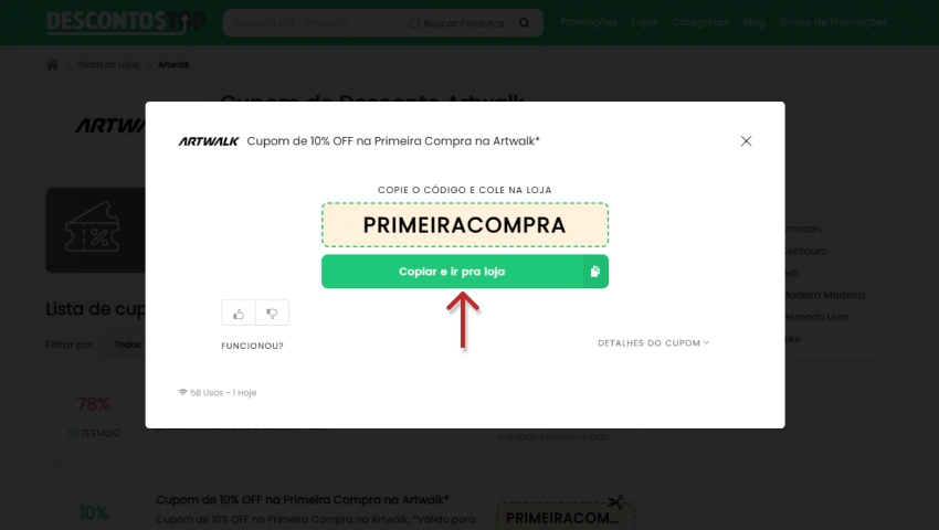Janela pop-up mostrando o código do cupom com botão verde escrito “Copiar e ir pra loja”. Acima, é indicado que o cupom oferece 10% OFF na primeira compra na Artwalk.