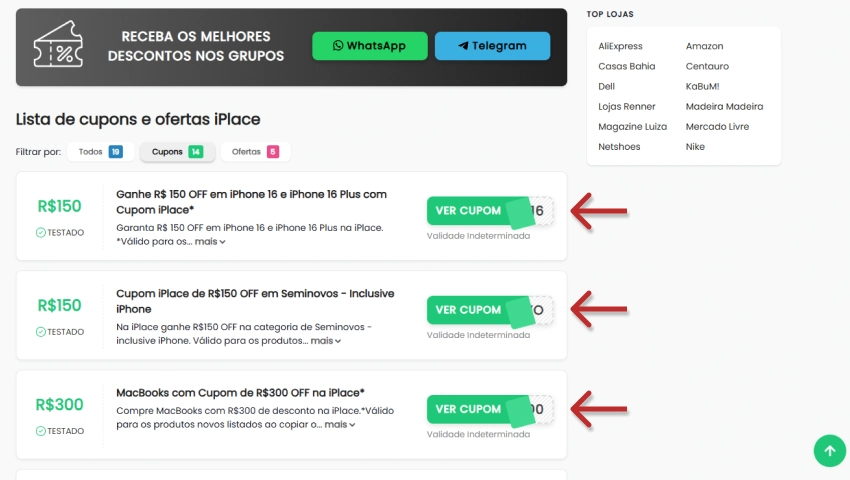 Imagem exibindo lista de cupons de desconto e ofertas na iPlace, incluindo R$150 de desconto no iPhone 16, seminovo ou novo, com destaque para os botões de ver cupom.