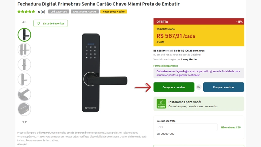 Página do produto “Fechadura Digital Primebras” na Leroy Merlin. O preço promocional é R$567,91 e há botão verde “Comprar e receber” para adicionar o item ao carrinho.