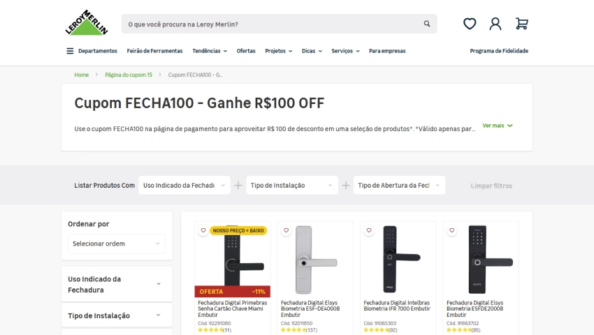 Página de listagem de produtos com fechaduras digitais na Leroy Merlin, oferecendo R$100 de desconto com o cupom Leroy Merlin.