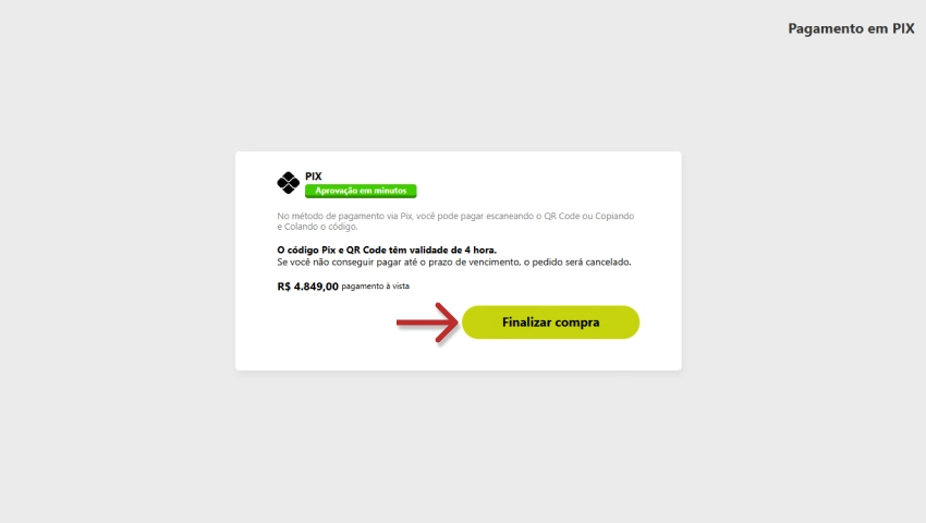 Tela de finalização de compra online mostrando o botão 'Finalizar compra' em destaque, com detalhes do pagamento via PIX e código de pagamento.