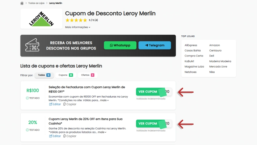 Página de cupom da Leroy Merlin no Descontos Top com a lista de cupons para a loja.