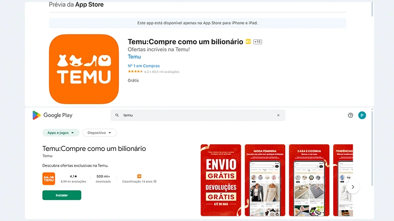 Prévia do aplicativo Temu nas lojas virtuais App Store e Google Play, exibindo a descrição “Compre como um bilionário”, avaliações, classificação etária, número de downloads e imagens promocionais destacando envio e devoluções grátis.