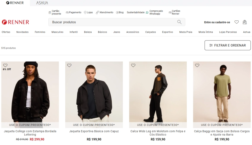 Página de categoria da Renner mostrando diferentes produtos masculinos.