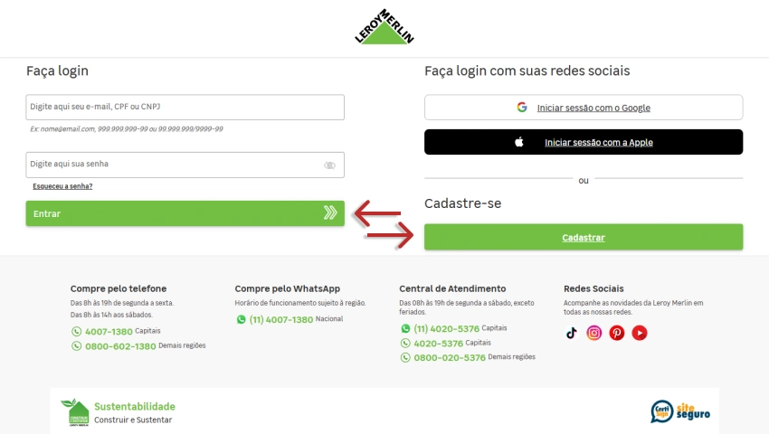 Tela de login da Leroy Merlin com campos para inserir e-mail e senha, além de opções de login via Google e Apple. Há também um botão verde para cadastro de novos usuários.