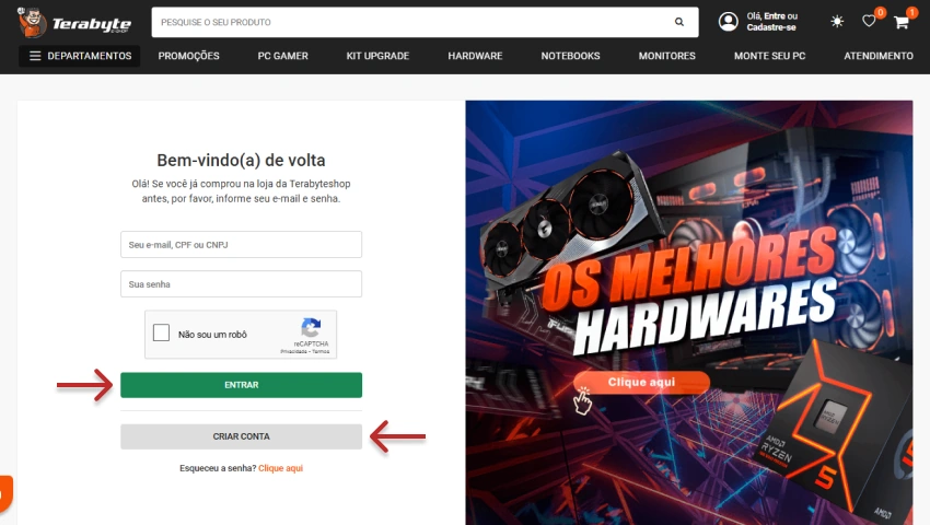 Tela de login do site da Terabyte Shop, com campos para inserir e-mail ou CPF, senha, botão "Entrar" e link para "Criar conta".
