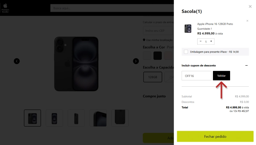 Imagem de um iPhone 16 preto com capacidade de 128GB para venda online, destaque para o desconto e a opção de inserir cupom de desconto iPlace na página de compra.