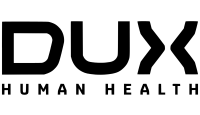 Logo com a palavra "DUX" em letras maiúsculas e em negrito. Abaixo, está a frase "HUMAN HEALTH" em letras menores e finas.
