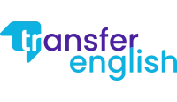 Logo mostrando um ícone de balão de fala azul-claro com a letra "t" dentro, seguido pelas palavras "transfer" em roxo e "english" em azul-escuro.