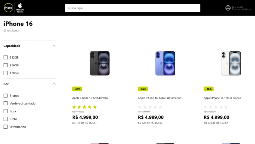Imagem de diferentes versões do iPhone 16, destaque para a capacidade de 128GB, com opções em branco, ultramarino e preto, oferecidos pela iPlace.