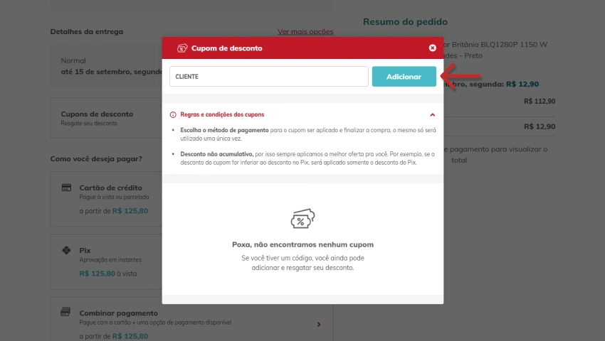 Janela de cupom de desconto no site Extra, com o código digitado e botão de adicionar em destaque.