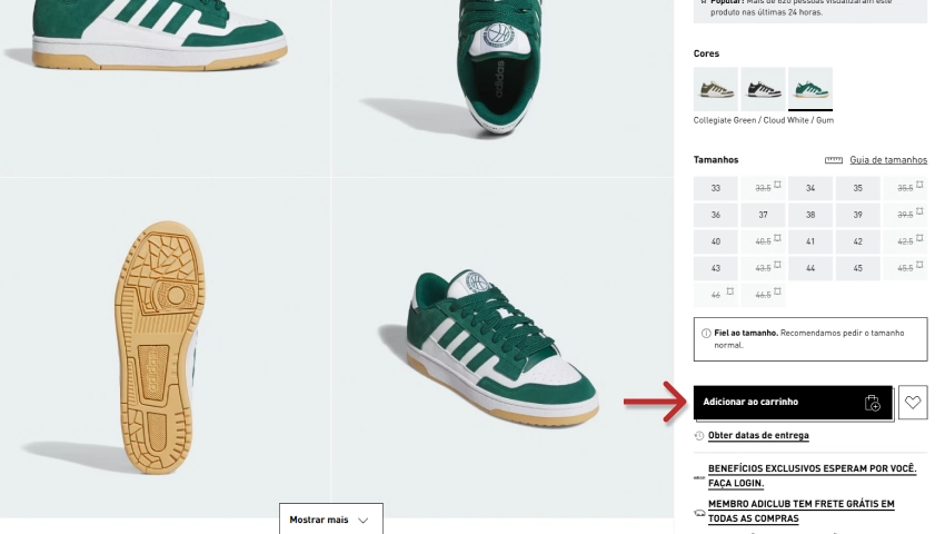 Página de produto de um tênis Adidas verde e branco, com uma seta vermelha destacando o botão "Adicionar ao carrinho"
