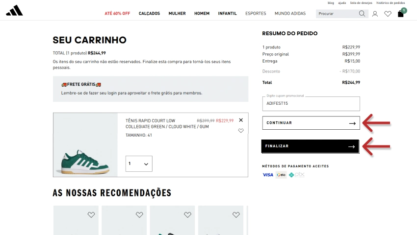 Carrinho de compras da Adidas o código inserido no campo de cupom. Setas vermelhas indicam os botões "CONTINUAR" e "FINALIZAR"