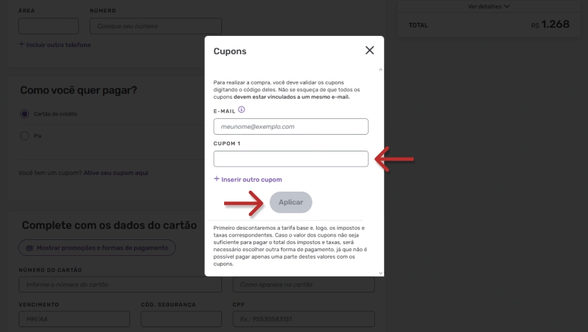 Tela de inserção de cupom Decolar, destacando o campo para inserir o código do cupom e o botão de aplicar.