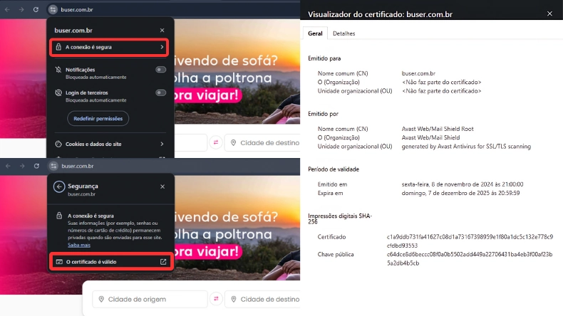 Imagem mostrando o processo de verificação de certificado digital de segurança em um site, com destaque para a conexão segura e certificado válido.