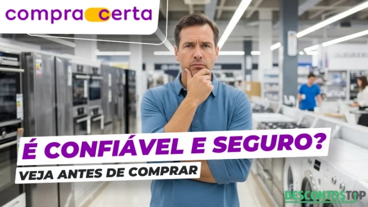 Homem pensativo em loja de eletrodomésticos destaca a importância de verificar se a compra é certa e confiável antes de adquirir, promovendo segurança na compra.
