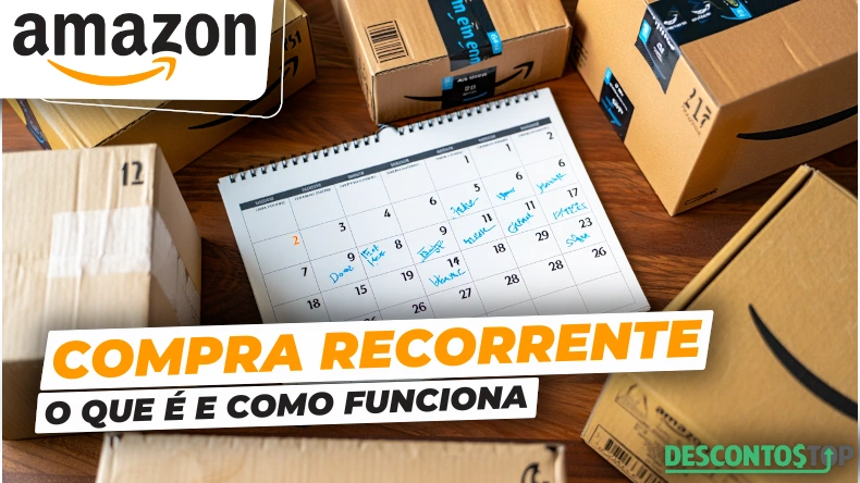 Imagem de várias caixas de encomendas da Amazon ao redor de um calendário marcado com datas de compras recorrentes, promovendo a facilidade de compra recorrente na Amazon.