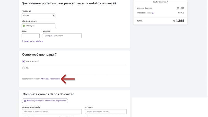 Imagem de tela de pagamento com opção de ativar cupom de desconto no site Decolar, destacando a frase 'Você tem um cupom? Ative seu cupom aqui'.
