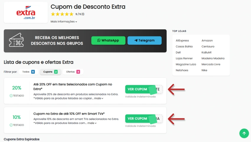 Imagem de cupons de desconto do Extra mostrando ofertas de 20% e 10% de desconto em produtos selecionados.
