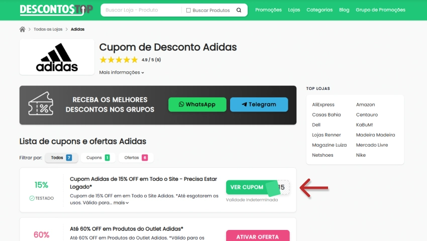 Captura de tela de da página de cupons da Adidas mostrando uma oferta de 15% de desconto para a Adidas, com uma seta vermelha apontando para o botão "VER CUPOM"