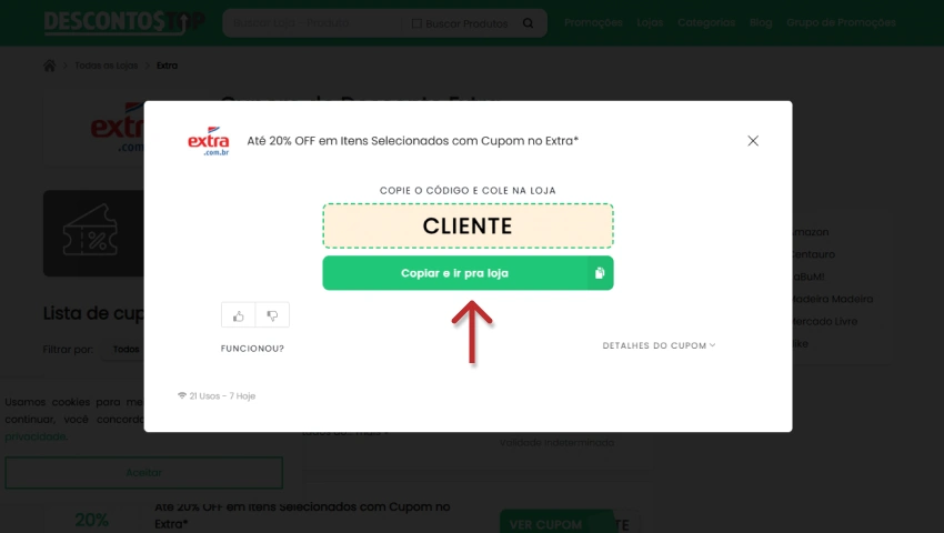 Imagem de uma tela com um cupom de desconto do site Extra com código promocional para usar em compras, destacando até 20% de desconto em itens selecionados com cupom. A tela apresenta uma opção de copiar o código para aplicar na loja.